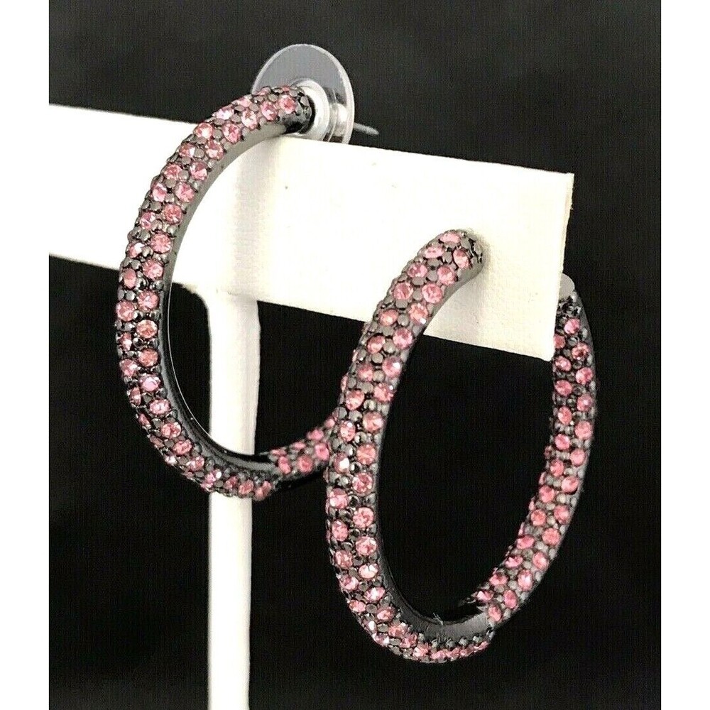 New Pink Crystal Hoop Earrings Hematite Tone Pave Set - 5U